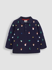 JoJo Maman Bébé Navy Christmas Embroidered Polo Shirt - Image 3 of 5