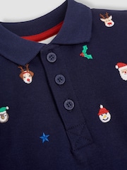 JoJo Maman Bébé Navy Christmas Embroidered Polo Shirt - Image 4 of 5