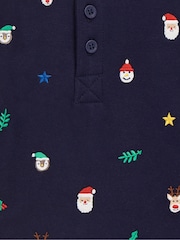 JoJo Maman Bébé Navy Christmas Embroidered Polo Shirt - Image 5 of 5