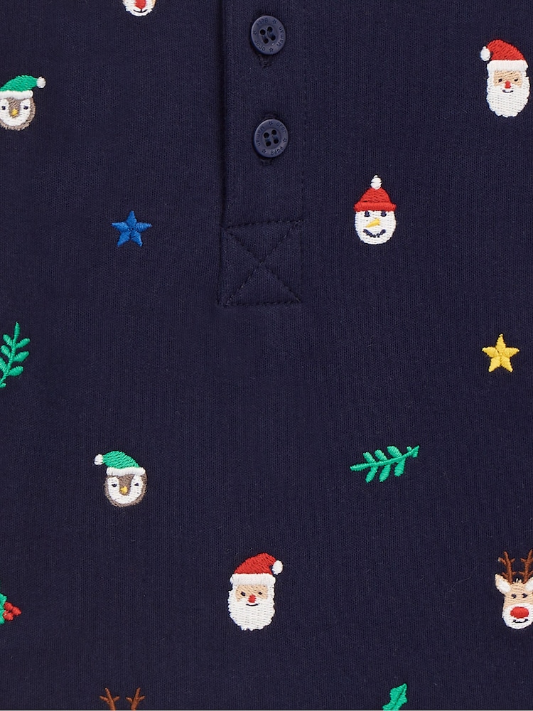 JoJo Maman Bébé Navy Christmas Embroidered Polo Shirt - Image 5 of 5