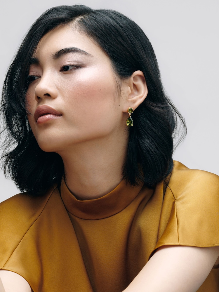 Olive Green Gold Tone - CERENE Statement Drop Earrings - Slika 2 iz 6