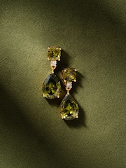 Olive Green Gold Tone - CERENE Statement Drop Earrings - Slika 3 iz 6
