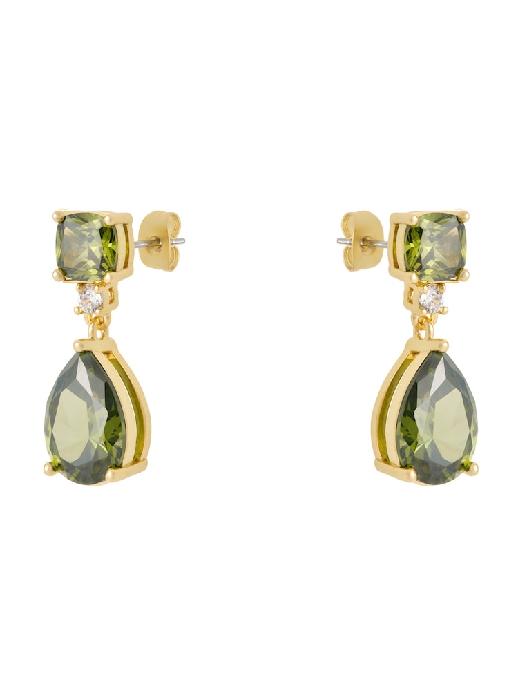 Olive Green Gold Tone - CERENE Statement Drop Earrings - Slika 6 iz 6