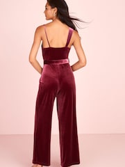Berry Red Velvet One Shoulder Wide Leg Jumpsuit - Image 4 of 6