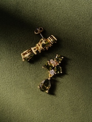 Olive Green Gold Tone - CERENE Crystal Cluster Drop Earrings - Slika 3 iz 6