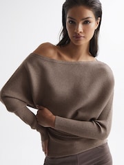 Reiss Mink Lorna Asymmetric Drape Knitted Top - Image 1 of 6