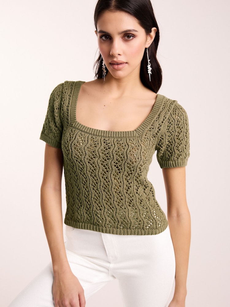 Khaki Green Square Neck Stitch Detail Short Sleeve Knitted Top - Image 1 of 6