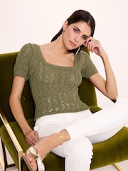 Khaki Green Square Neck Stitch Detail Short Sleeve Knitted Top - Image 2 of 6