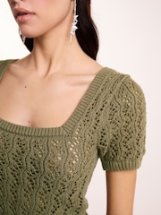 Khaki Green Square Neck Stitch Detail Short Sleeve Knitted Top - Image 4 of 6