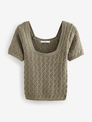 Khaki Green Square Neck Stitch Detail Short Sleeve Knitted Top - Image 5 of 6