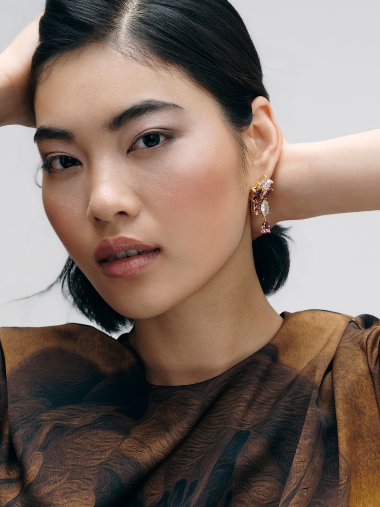CERENE Luma Pink Gold Tone Statement Crystal Drop Earrings - Image 2 of 5 CERENE Luma Pink Gold Tone Statement Crystal Drop Earrings - Image 2 of 5