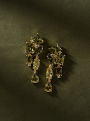 CERENE Luma Olive Green Gold Tone Statement Crystal Drop Earrings - Image 3 of 6