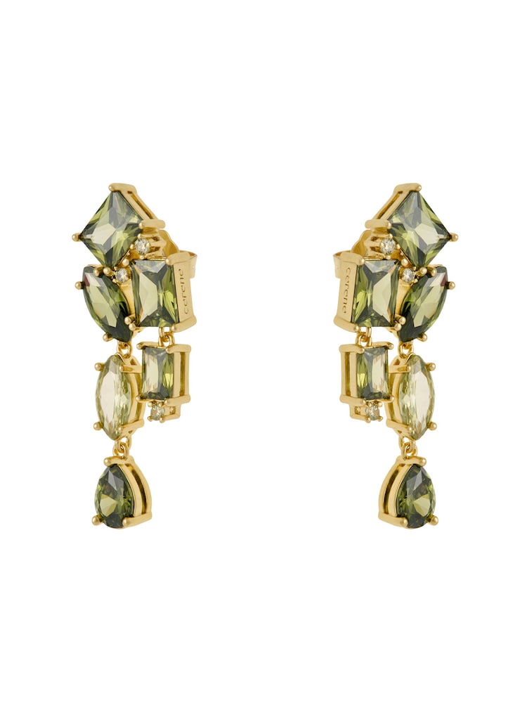 CERENE Luma Olive Green Gold Tone Statement Crystal Drop Earrings - Image 6 of 6 CERENE Luma Olive Green Gold Tone Statement Crystal Drop Earrings - Image 6 of 6