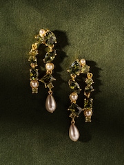 CERENE Liora Olive Green Gold Tone Pearl Shimmer Drop Earings - Image 3 of 6
