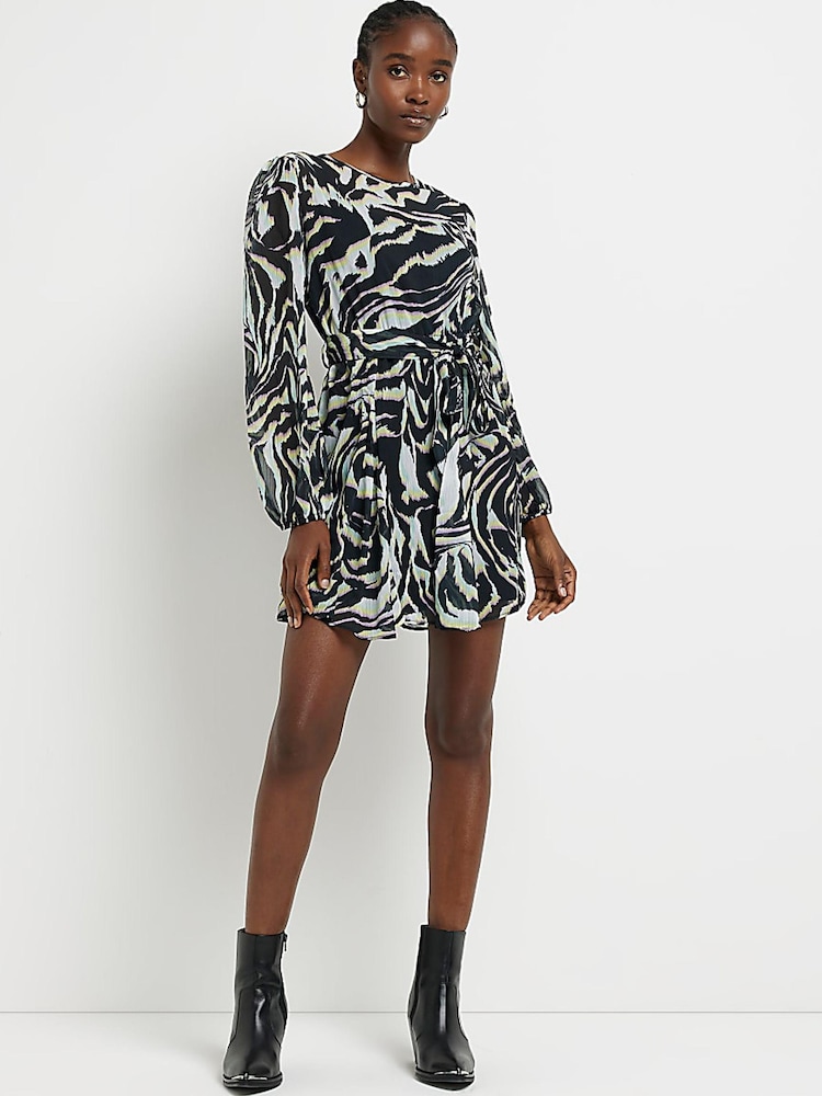 River Island Black Zebra Waisted Mini Dress - Image 1 of 3 River Island Black Zebra Waisted Mini Dress - Image 1 of 3