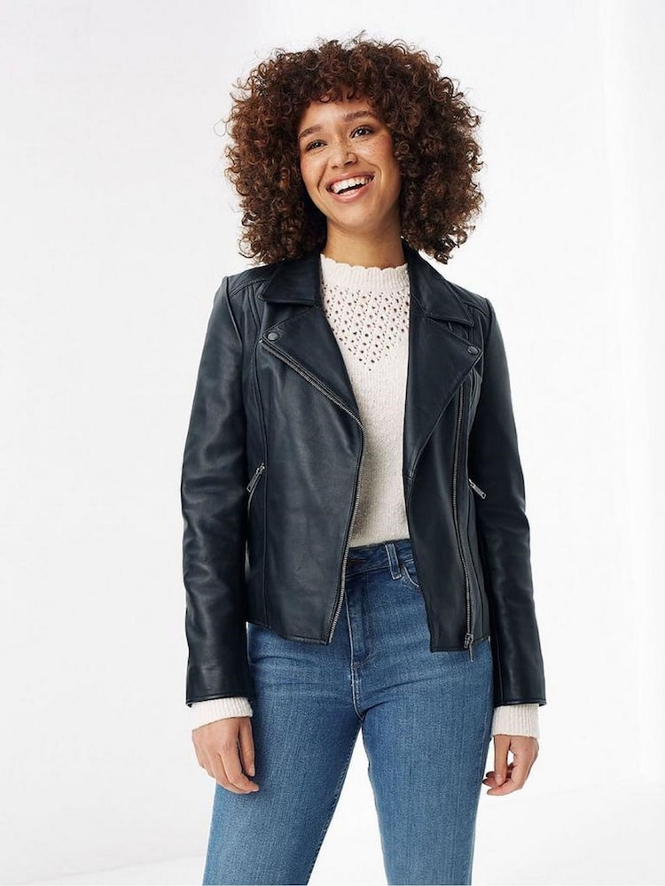 FatFace Black Leather Bethany Biker Jacket - Image 1 of 3