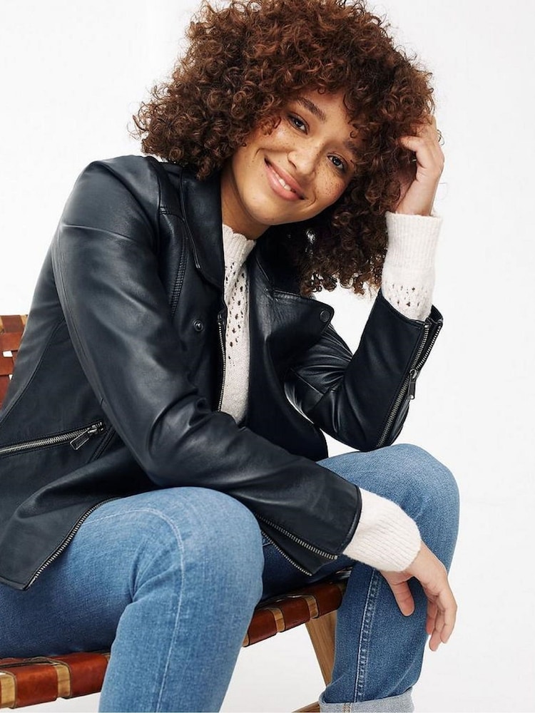 FatFace Black Leather Bethany Biker Jacket - Image 2 of 3
