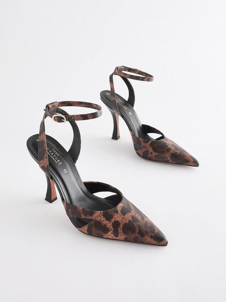 Camel Brown Signature Leather Point Toe Cut-Out Detail Heel Shoes - Image 2 of 4