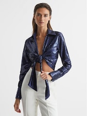 Reiss Dark Blue Hannah Tie Front Sequin Top - Image 1 of 6