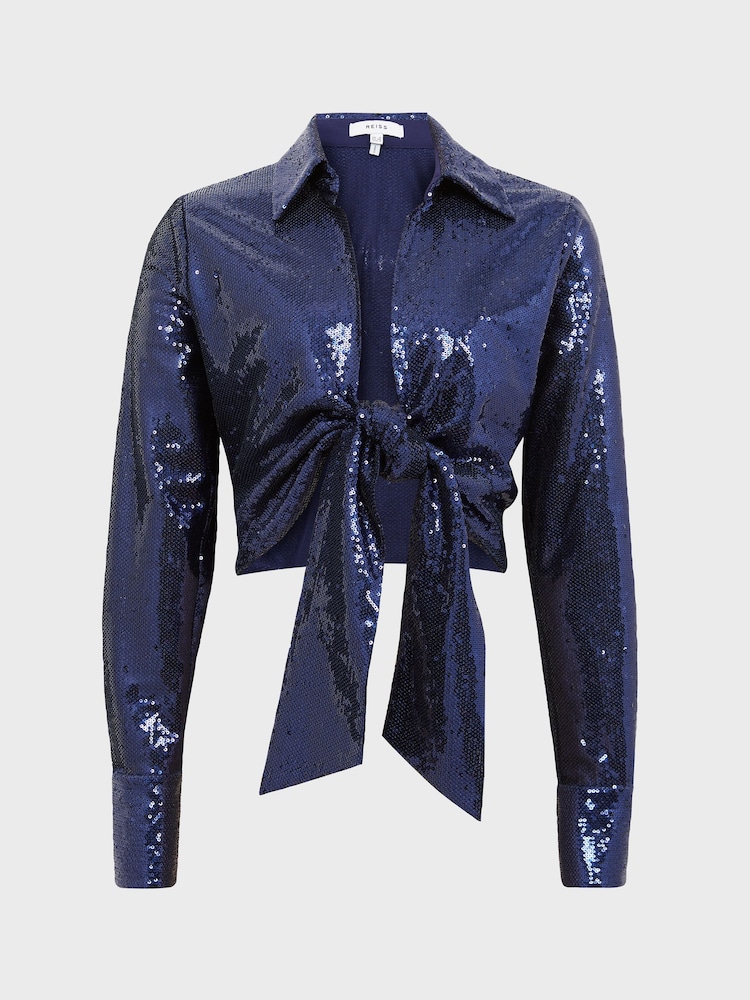 Reiss Dark Blue Hannah Tie Front Sequin Top - Image 2 of 6