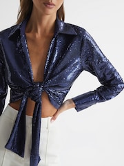 Reiss Dark Blue Hannah Tie Front Sequin Top - Image 4 of 6