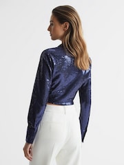 Reiss Dark Blue Hannah Tie Front Sequin Top - Image 5 of 6