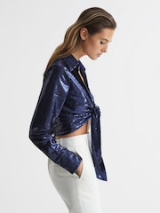 Reiss Dark Blue Hannah Tie Front Sequin Top - Image 6 of 6