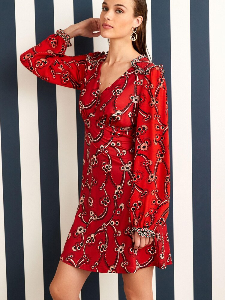 Celia Birtwell Red Mystic Daisy Long Sleeves Ruffle Trim Mini Dress - Image 1 of 5