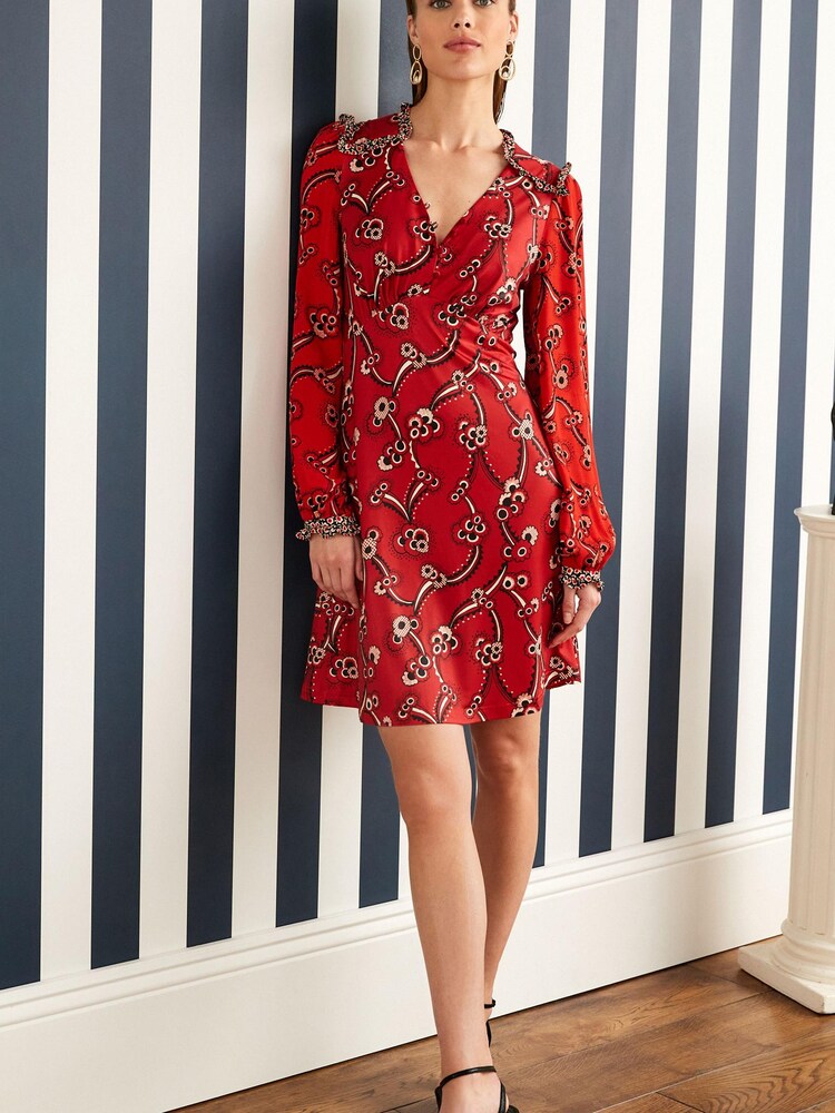 Celia Birtwell Red Mystic Daisy Long Sleeves Ruffle Trim Mini Dress - Image 2 of 5