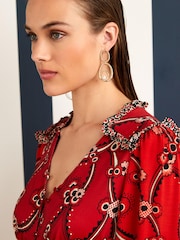 Celia Birtwell Red Mystic Daisy Long Sleeves Ruffle Trim Mini Dress - Image 4 of 5