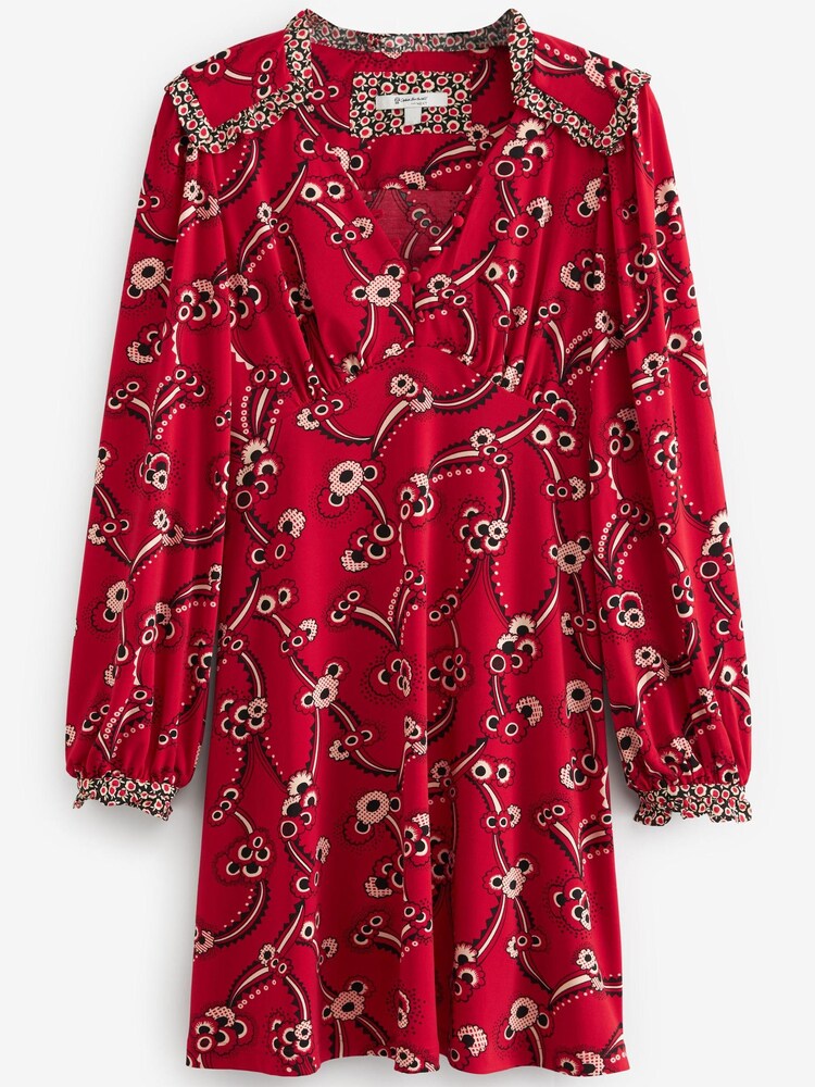 Celia Birtwell Red Mystic Daisy Long Sleeves Ruffle Trim Mini Dress - Image 5 of 5