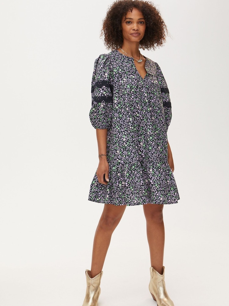 Oliver Bonas Black Ditsy Floral Print Black Mini Dress - Image 1 of 8 Oliver Bonas Black Ditsy Floral Print Black Mini Dress - Image 1 of 8