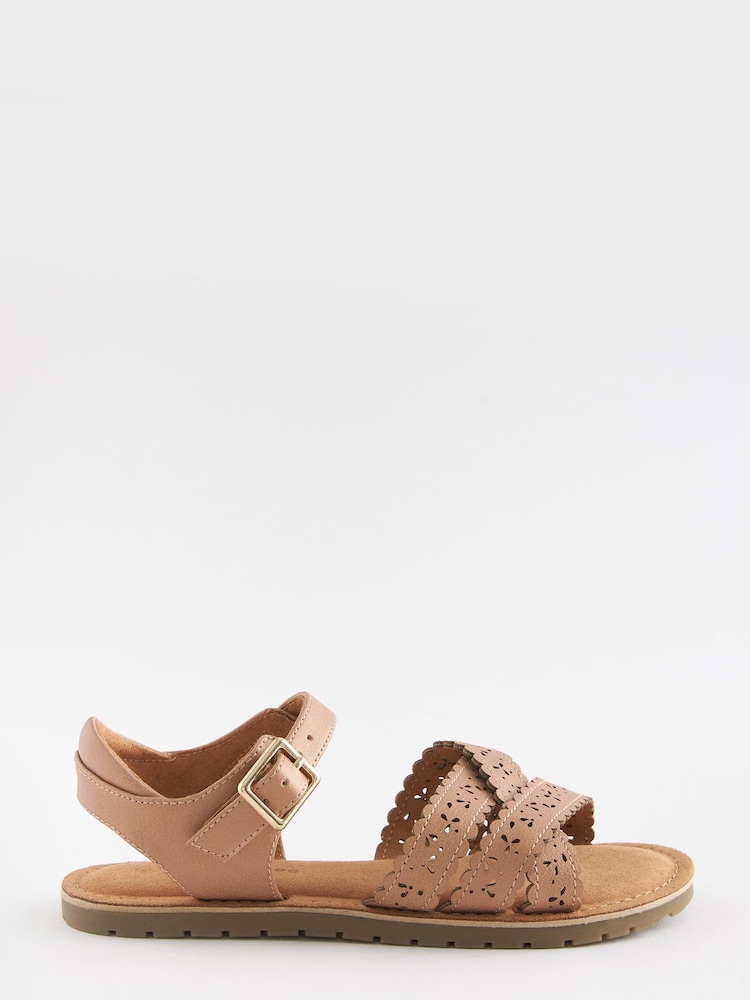Tan Brown Wide Fit (G) Scallop Detail Sandals - Image 2 of 4 Tan Brown Wide Fit (G) Scallop Detail Sandals - Image 2 of 4