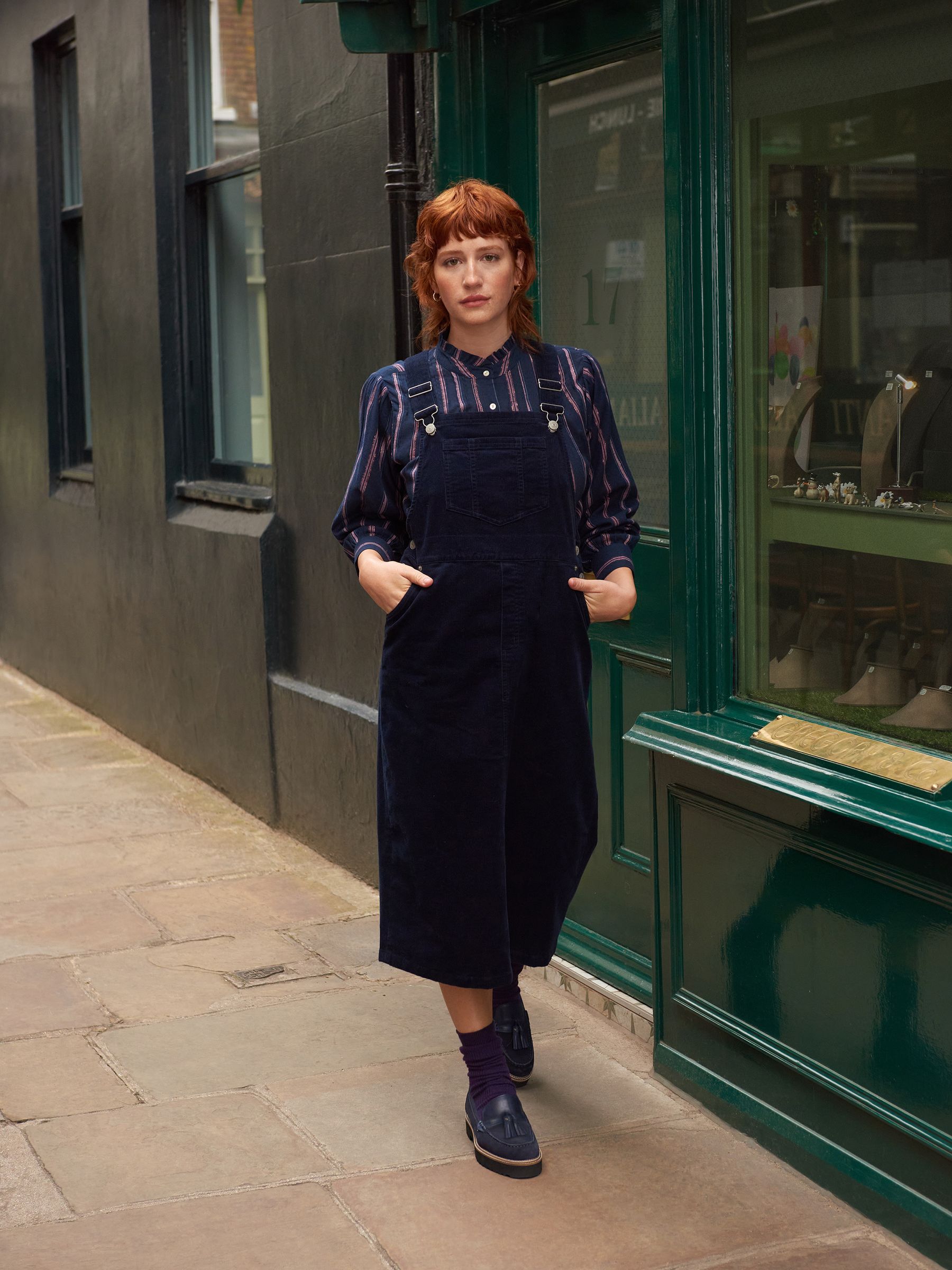 Corduroy midi pinafore dress outlet