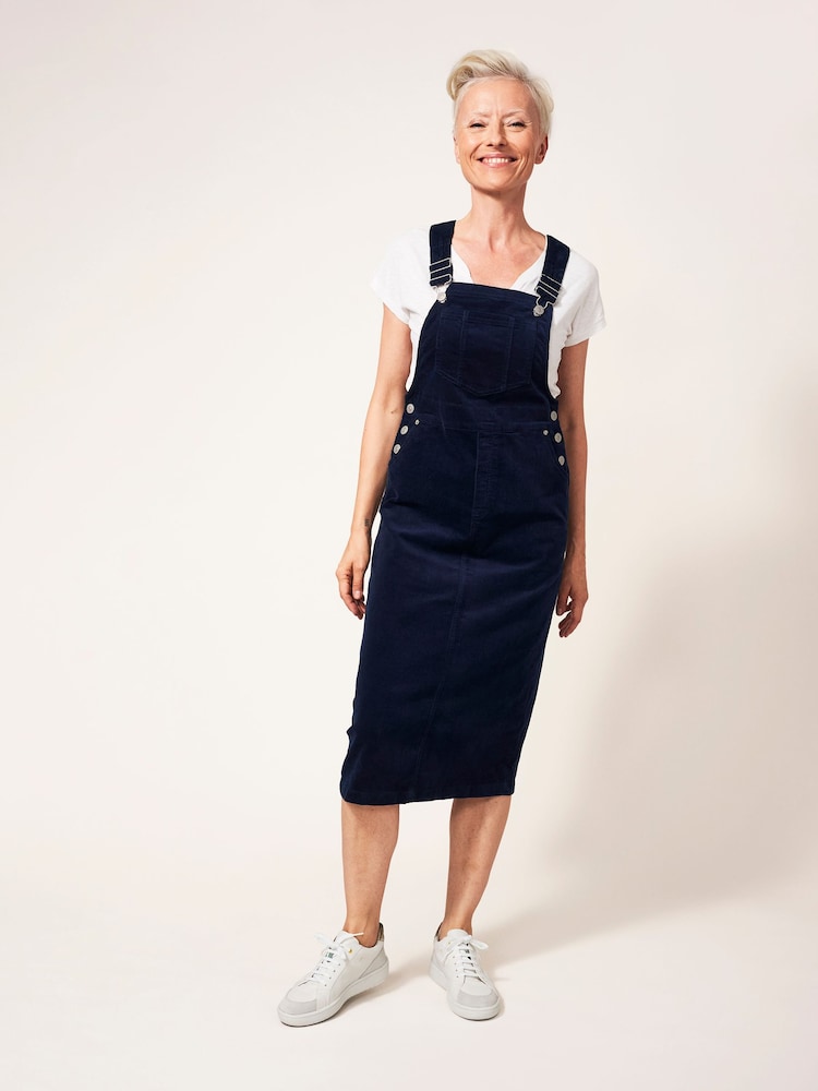 White Stuff Blue Emmie Organic Corduroy Midi Pinny Dress - Image 2 of 8