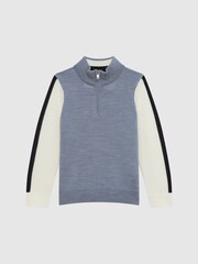 Reiss Airforce Blue Melange Leo Junior Wool Colourblock Zip Neck Polo - Image 2 of 6