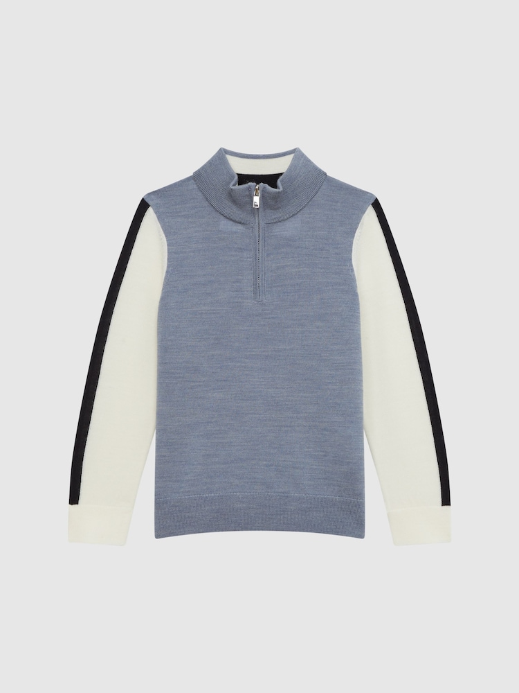 Reiss Airforce Blue Melange Leo Junior Wool Colourblock Zip Neck Polo - Image 2 of 6