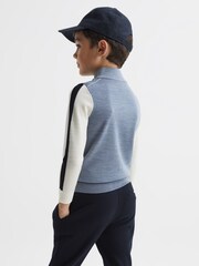 Reiss Airforce Blue Melange Leo Junior Wool Colourblock Zip Neck Polo - Image 5 of 6