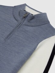Reiss Airforce Blue Melange Leo Junior Wool Colourblock Zip Neck Polo - Image 6 of 6