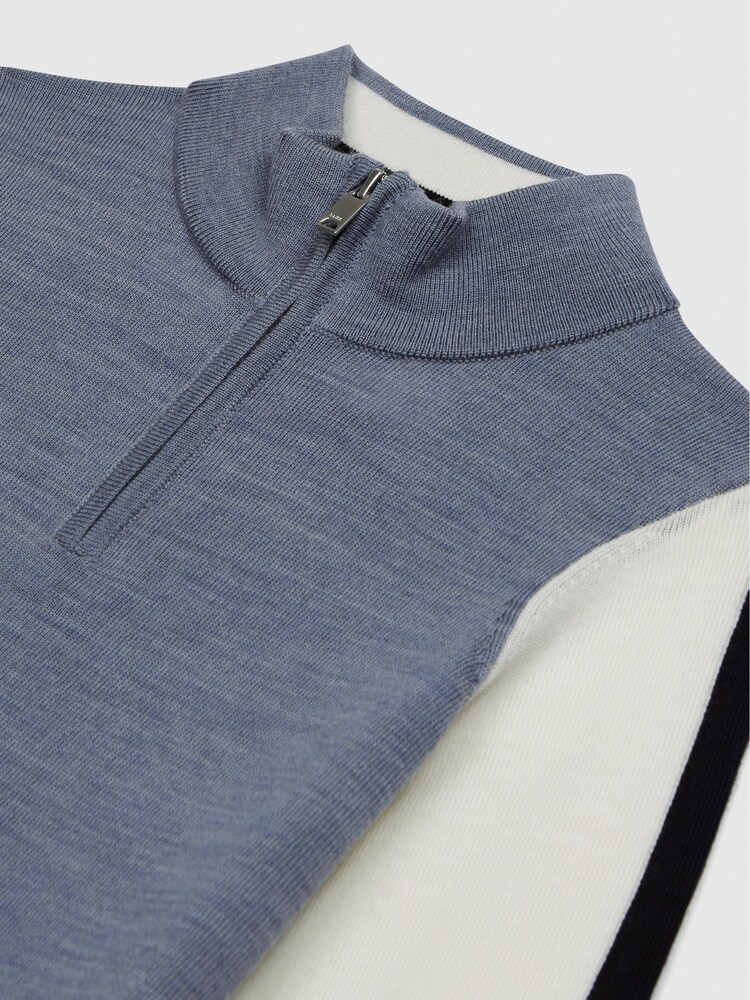 Reiss Airforce Blue Melange Leo Junior Wool Colourblock Zip Neck Polo - Image 6 of 6