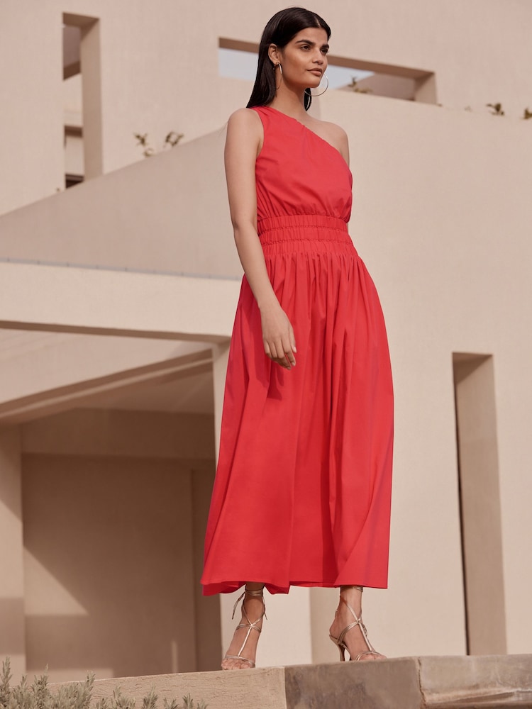 Red One Shoulder Elasticated Waist Midi Dress - Image 1 of 5