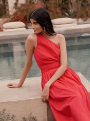 Red One Shoulder Elasticated Waist Midi Dress - Image 2 of 5