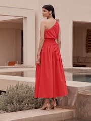 Red One Shoulder Elasticated Waist Midi Dress - Image 3 of 5