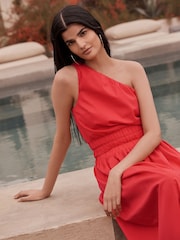 Red One Shoulder Elasticated Waist Midi Dress - Image 4 of 5