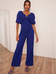 Chi Chi London Blue Drape Sleeve Wide Leg Jumpsuit - Image 1 of 5