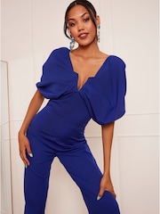 Chi Chi London Blue Drape Sleeve Wide Leg Jumpsuit - Image 4 of 5