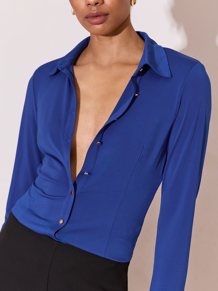 Lipsy Cobalt Blue Fitted Jersey Shirt - Image 1 of 5