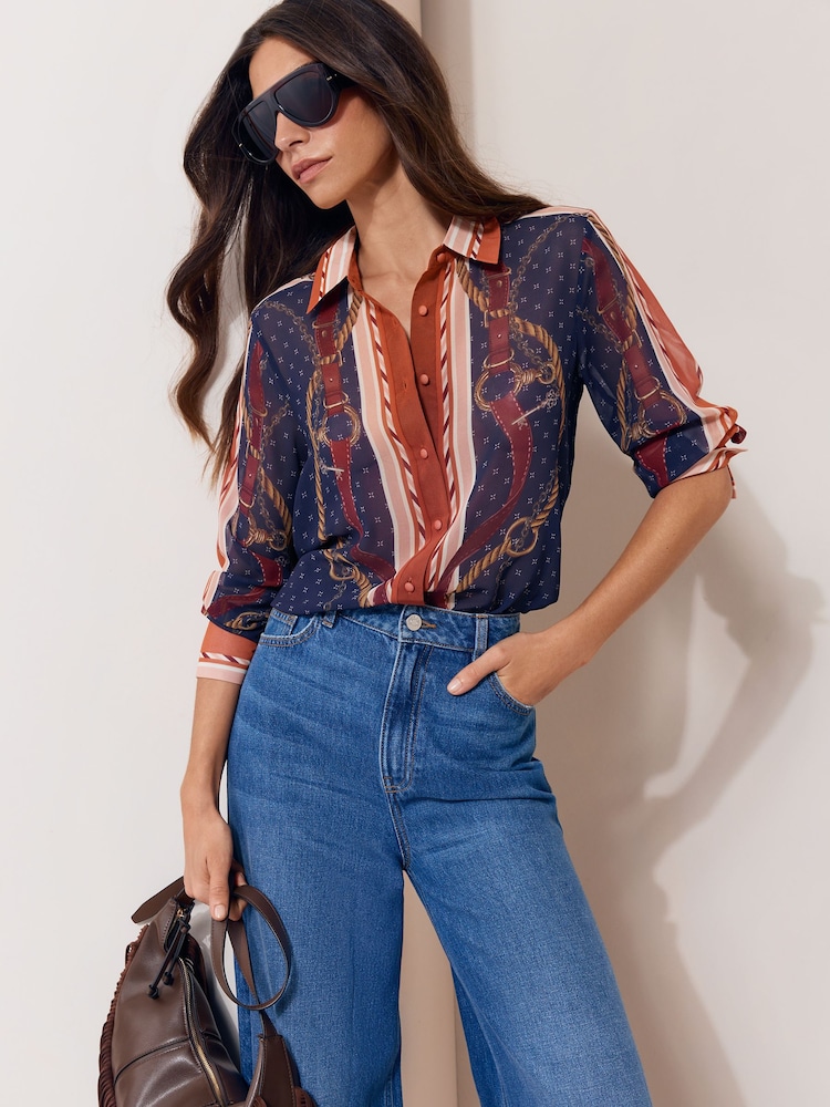 Lipsy Navy Chain Print Chiffon Printed Shirt - Image 1 of 5 Lipsy Navy Chain Print Chiffon Printed Shirt - Image 1 of 5