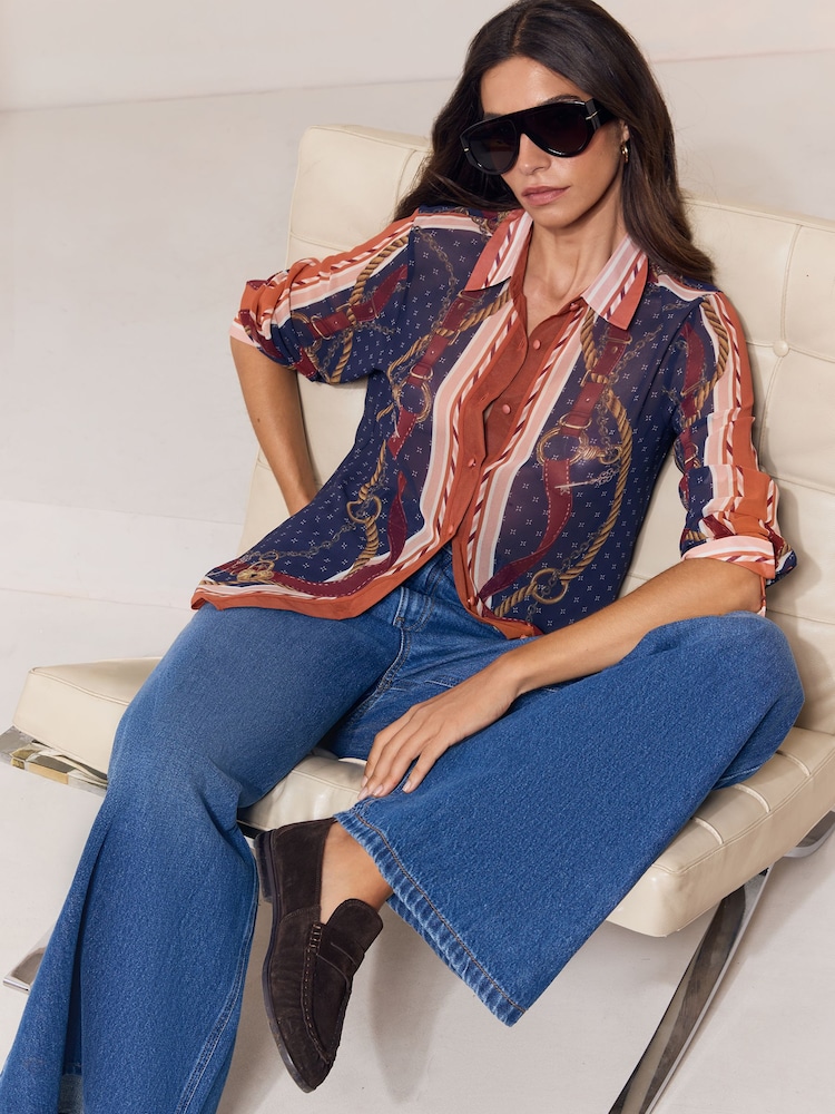 Lipsy Navy Chain Print Chiffon Printed Shirt - Image 2 of 5 Lipsy Navy Chain Print Chiffon Printed Shirt - Image 2 of 5