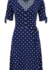Pour Moi Navy Blue Polka Dot Bella Fuller Bust Slinky Stretch Tie Sleeve Mini Dress - Image 4 of 5